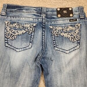 Miss Me Y2K Denim Capri Womens 31 Rhinestones Bling Thick Stitch Faded Embellish